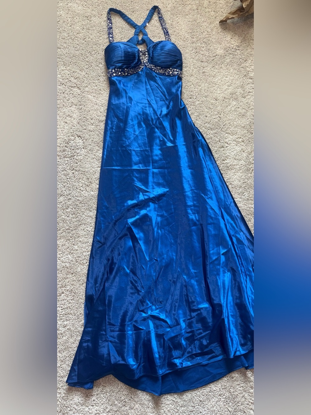 Faviana Couture Royal Blue Satin Beaded Prom Dress Open Back Homecoming Gown 6